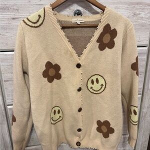 Charming Beige Cardigan with Smiley and Flower Design